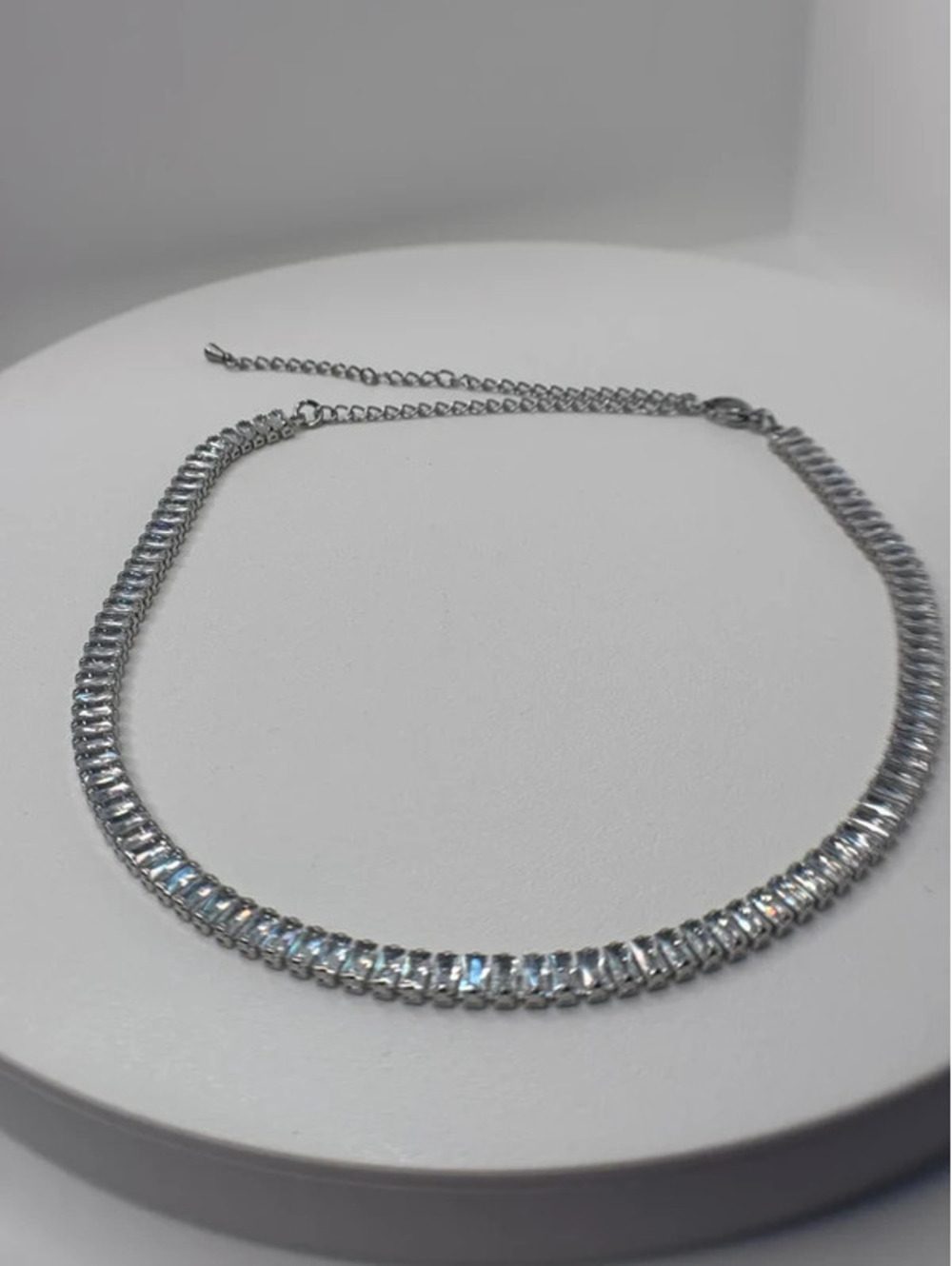 silver tone baguette cut cz crystal tennis necklace adjustable